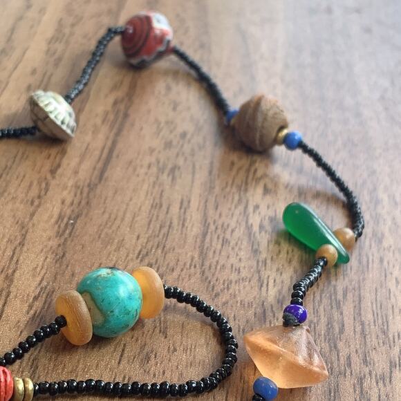 Vintage Artisan Beaded Necklace Mixed Glass Wood Ceramic Boho Trade Bead Jewelry - Picture 16 of 16